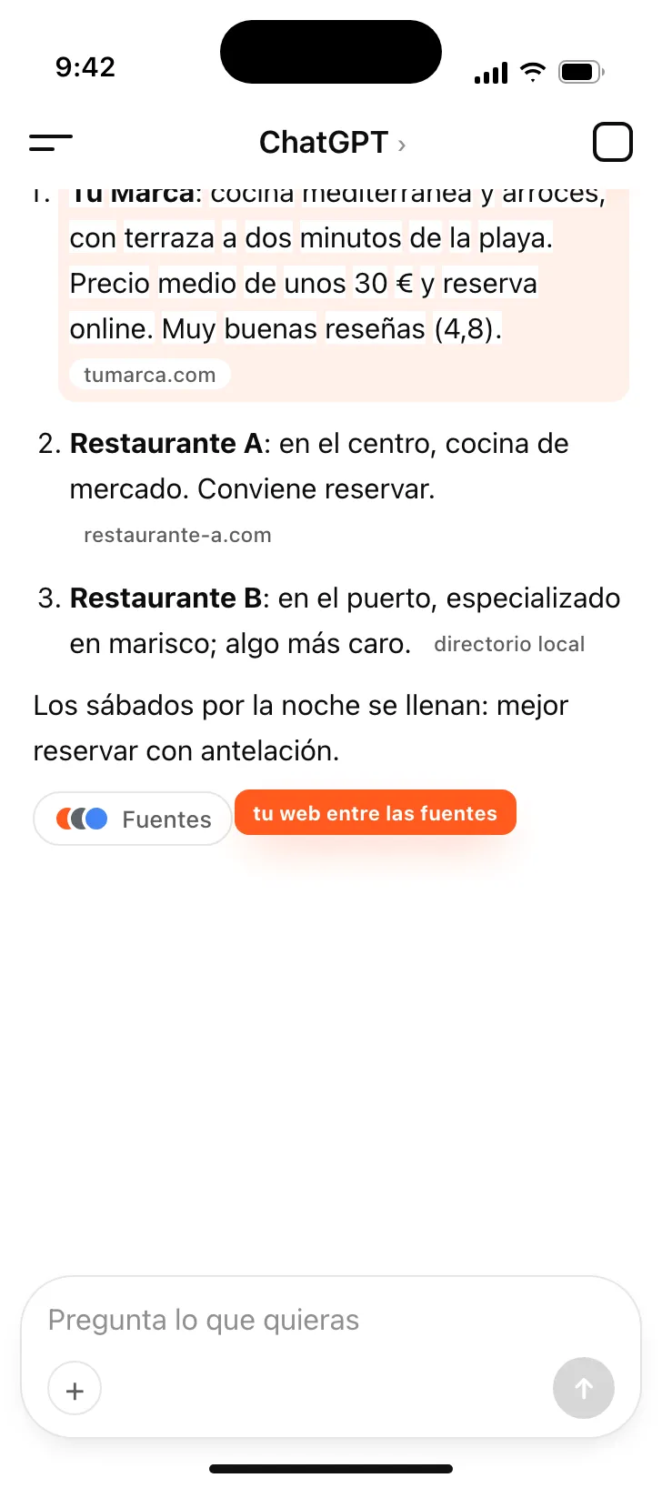 Recreació d’una resposta de ChatGPT que recomana un negoci en primer lloc