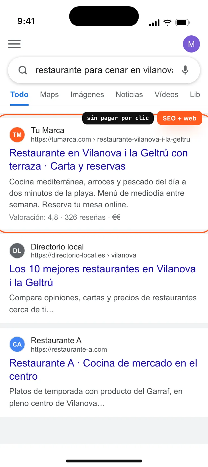 Recreació d’una cerca a Google amb un negoci als anuncis, al resum amb IA, al mapa i a l’orgànic